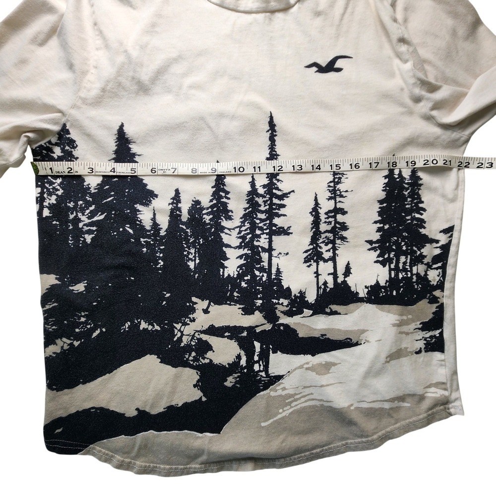 Hollister Mens Long Sleeve Graphic Tee Cream Pine Forest Landscape Print Large - Picture 4 of 7